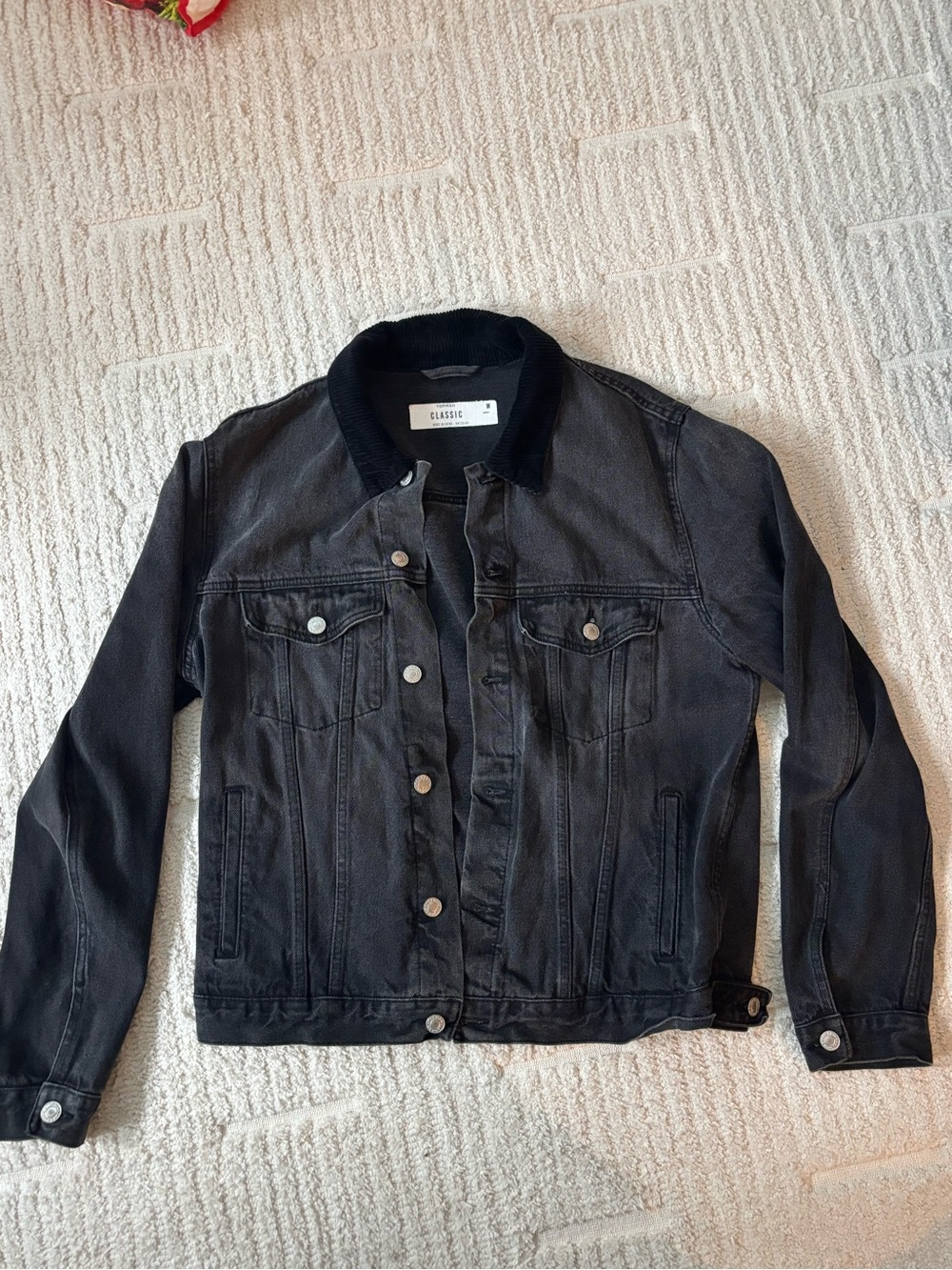 Topman Black Denim Jacket with Corduroy Collar
